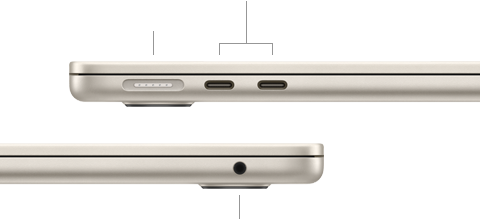 MacBook Air, zugeklappt, linke Seite mit MagSafe und zwei Thunderbolt Anschlüssen, rechte Seite mit Kopfhöreranschluss